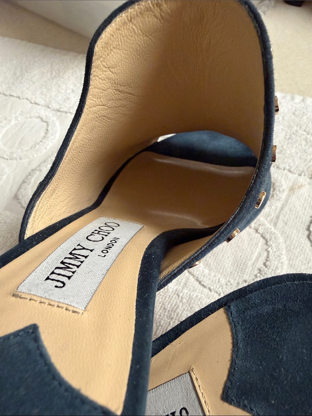 Jimmy Choo Navy Suede Gold-Stud Slide Mules - Picture 5 of 7